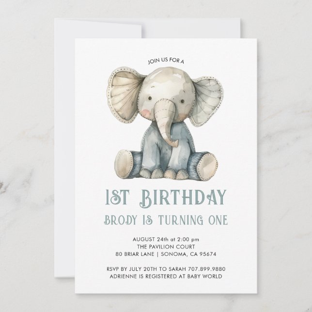 Cute 1st Birthday Blue Stuffed Elephant Toy  Invitation (Front)