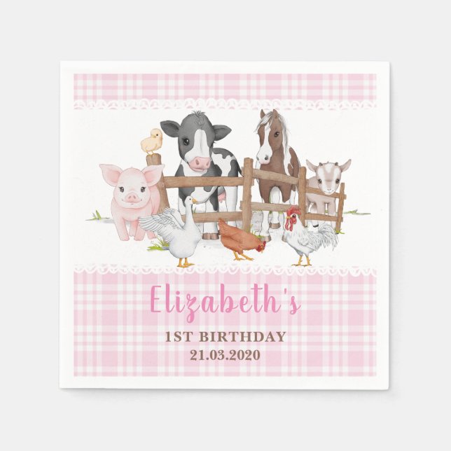 Cute 1st Birthday Farm Animals Barnyard Kids Napkin (Front)