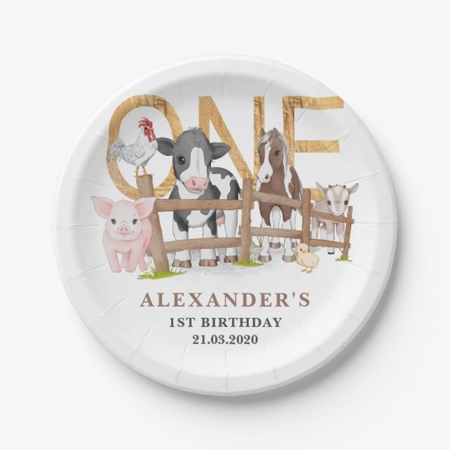 Cute 1st Birthday Farm Animals Barnyard Kids Paper Plate (Front)