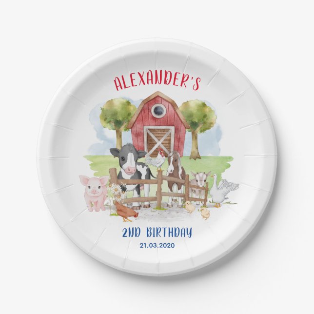 Cute 1st Birthday Farm Animals Barnyard Kids Paper Plate (Front)