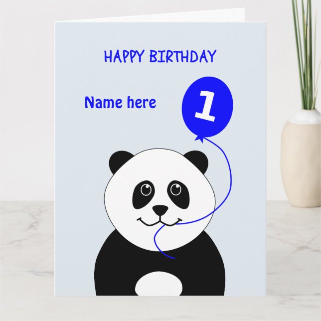 Cute 1st birthday panda add name blue card (Front)