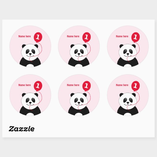Cute 1st birthday panda add name pink classic round sticker (Sheet)