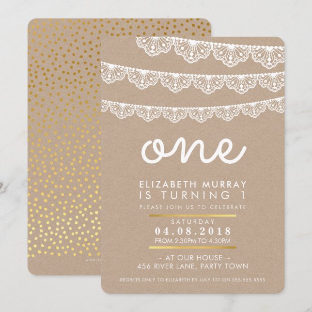 CUTE 1st birthday party INVITE rustic lace bunting (Front/Back)