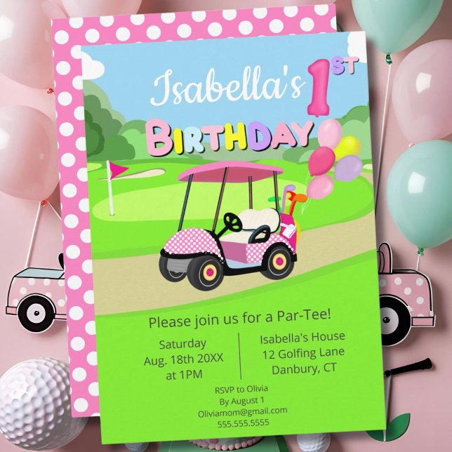 Cute 1st Birthday Polka Dot Pink Girly Golf  Invitation (Creator Uploaded)