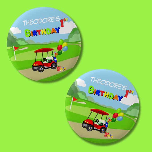 Cute 1st Birthday Red Golf Cart Boy's 6 Cm Round Badge (Creator Uploaded)