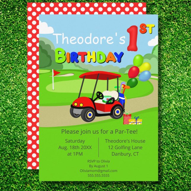 Cute 1st Birthday Red Golf Cart Boy's Invitation (Creator Uploaded)
