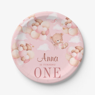Cute 1st Birthday Teddy Bear Baby Birthday Pink Paper Plate
