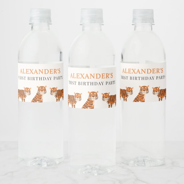 Cute 1st Birthday Wild One Tiger  Water Bottle Label (Bottles)