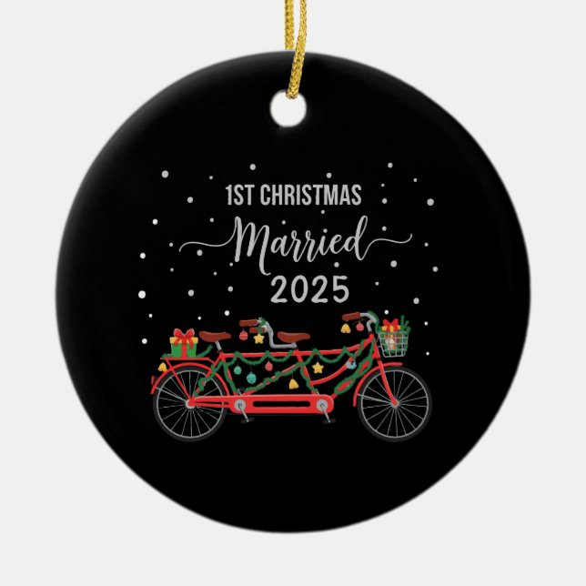 Cute 1st Christmas Married 2025 Tandem Bicycle  Ceramic Tree Decoration (Front)