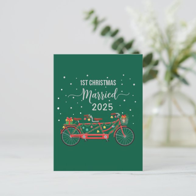 Cute 1st Christmas Married 2025 Tandem Bicycle  Postcard (Standing Front)