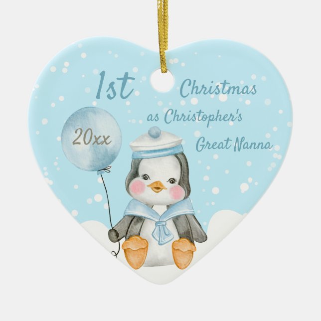 Cute 1st Christmas Penguin Great Grandparents Blue Ceramic Tree Decoration (Front)