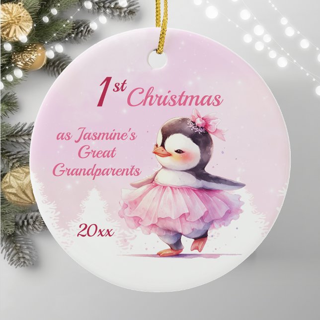 Cute 1st Christmas Penguin Great Grandparents Pink Ceramic Tree Decoration (Creator Uploaded)