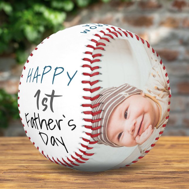 Cute 1st Father`s Day Script White 2 Photo Collage Softball (Creator Uploaded)