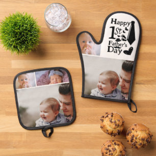 Cute 1st Father's Day Script 3 Photo Collage Oven Mitt & Pot Holder Set