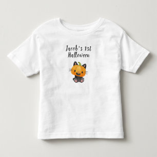 Cute 1st Halloween Pumpkin Cat with Name Toddler T-Shirt