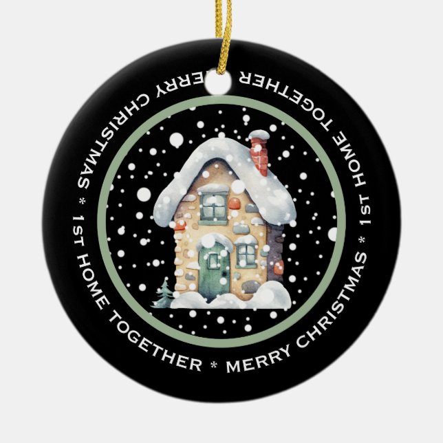 CUTE 1st HOME TOGETHER,  OLD FASHIONED HOUSE SNOW Ceramic Tree Decoration (Front)