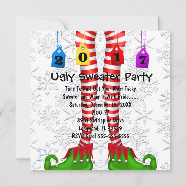 Cute 2017 Elf Stocking Ugly Sweater Party Invite (Front)