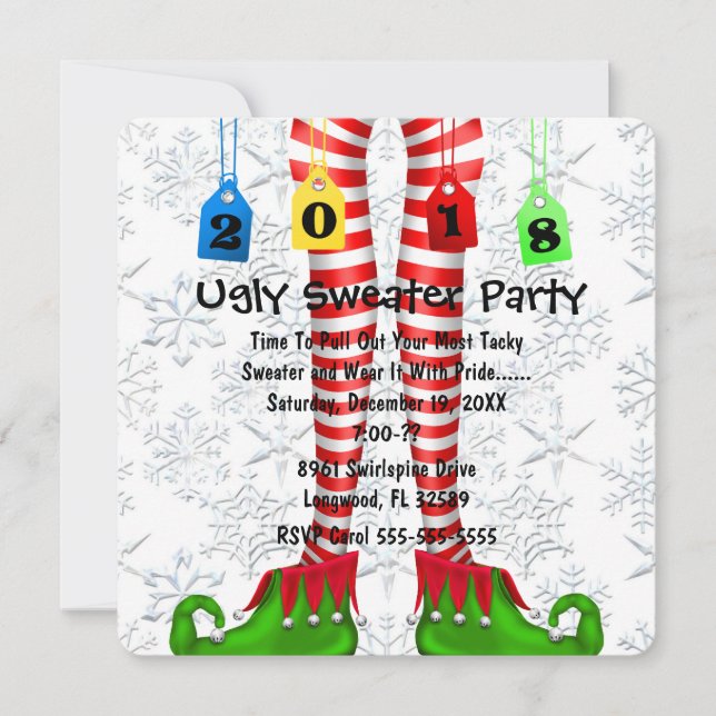 Cute 2018 Elf Stocking Ugly Sweater Party Invite (Front)