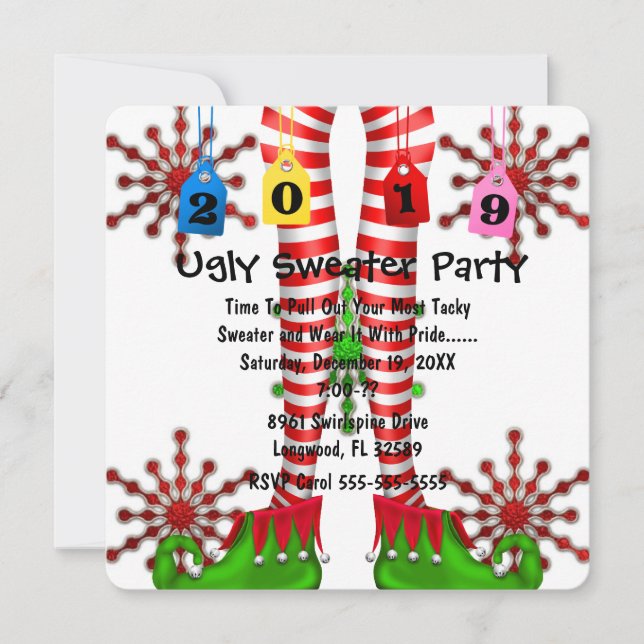 Cute 2019 Elf Stocking Chritmas Party Invite (Front)