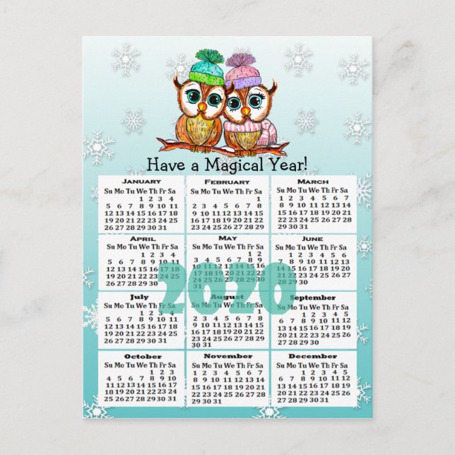 Cute 2020 Whimsical Owls Mini Calendar Postcard (Front)