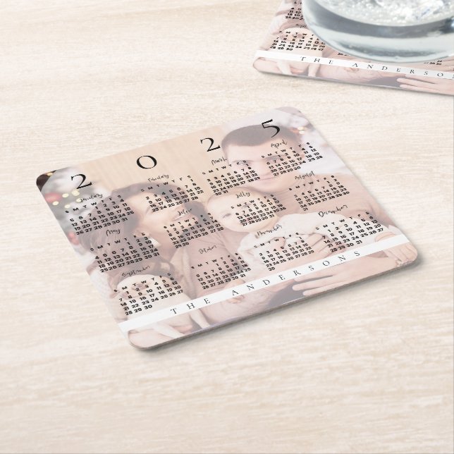 Cute  2024 Calendar Family Photo Family Name Square Paper Coaster (Angled)