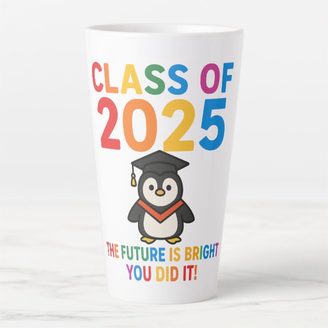 Cute 2025 Penguin Graduation Latte Mug (Front)