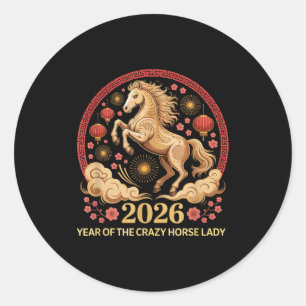 Cute 2026 Year Of Crazy Horse Lady Lunar Girl Zodi Classic Round Sticker