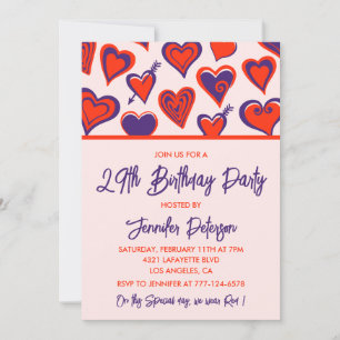 Cute 29th birthday invitation Glam Red Pink Heart 