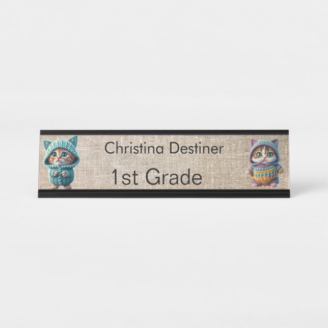 Cute 2-cat images Teacher Desk Name Plate (Front)