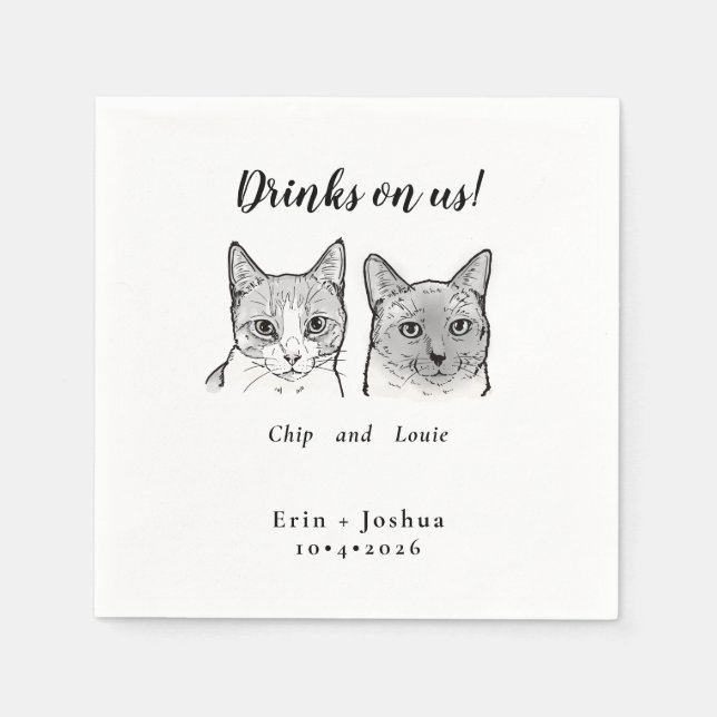 Cute 2 Cats Face Pet Cheers Drinks on Us Wedding Napkin (Front)