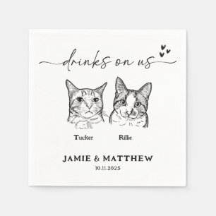 Cute 2 Cats Sketch Drinks on Us Cocktail  Wedding  Napkin