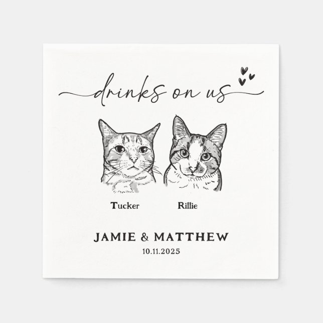 Cute 2 Cats Sketch Drinks on Us Cocktail  Wedding  Napkin (Front)