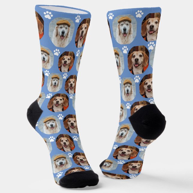  Cute 2 Pet 2 Photo Paw Print Periwinkle Socks (Angled)