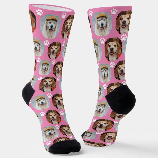  Cute 2 Pet 2 Photo Paw Print Pink Socks (Angled)
