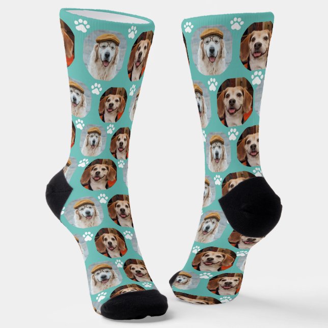 Cute 2 Pet 2 Photo Paw Print Teal Socks (Angled)