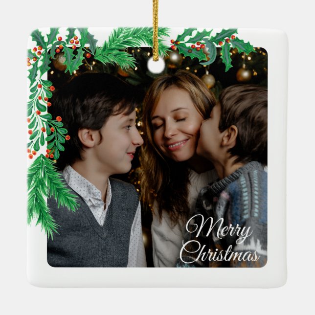 Cute 2 Photo Frame Christmas Ceramic Ornament (Back)