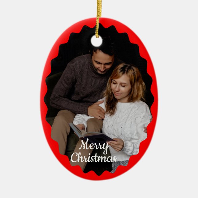 Cute 2 Photo Frame Christmas Ceramic Ornament (Front)