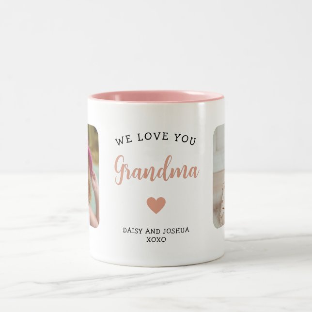 Cute 2-Photo Grandma Modern Keepsake Pink Two-Tone Coffee Mug (Center)