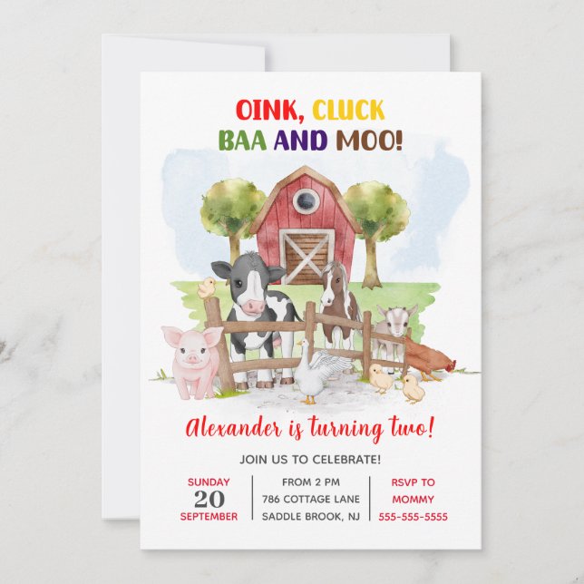 Cute 2nd Birthday Farm Animals Barnyard Kids Invitation (Front)