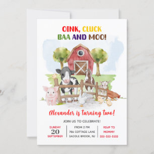 Cute 2nd Birthday Farm Animals Barnyard Kids Invitation