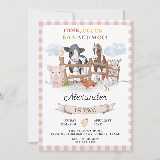 Cute 2nd Birthday Farm Animals Barnyard Kids Invitation (Front)