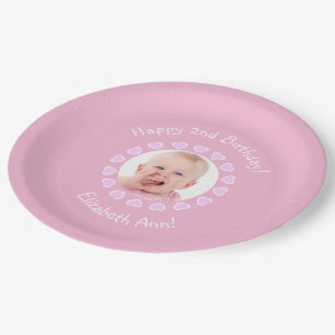 Cute 2nd Birthday Girl Pink Hearts Frame Photo Paper Plate