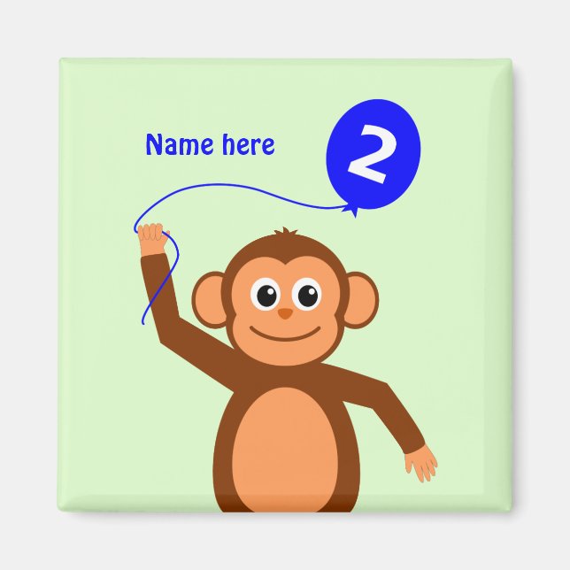 Cute 2nd birthday monkey add name blue magnet (Front)