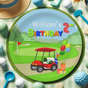 Cute 2nd Birthday Red Golf Cart Boy's Paper Plate