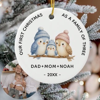 Cute 3 Birds Family First Christmas Photo Ceramic Tree Decoration