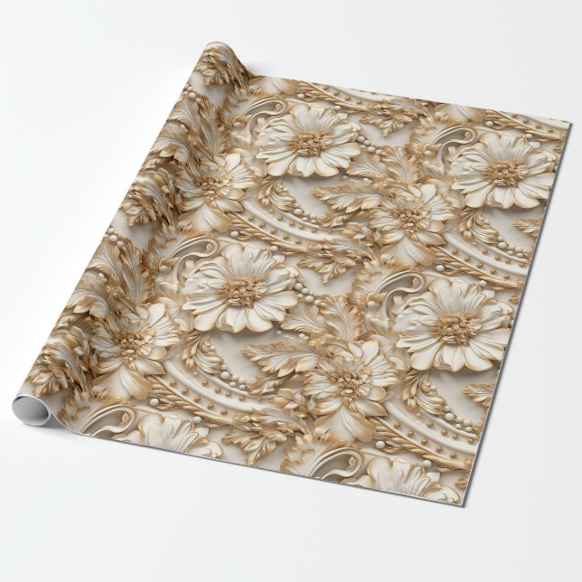 Cute 3-D Ivory/Gold Christmas Florals Wrapping Paper (Unrolled)