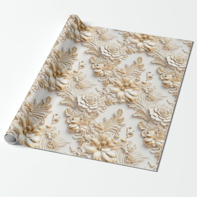Cute 3-D Ivory/Gold Christmas Florals Wrapping Paper (Unrolled)