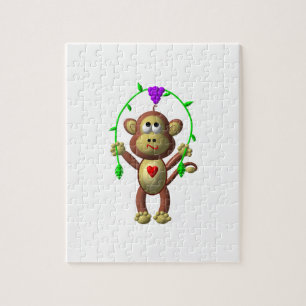 Cute 3-D Look Monkey with a Grapevine Jump-Rope Jigsaw Puzzle