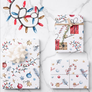 Cute, 3 Names, Christmas Patterns 19x29 Wrapping Paper Sheet