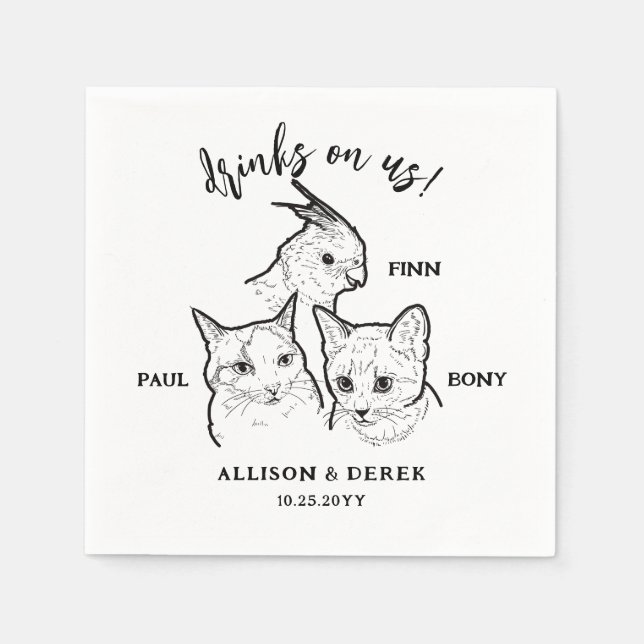 Cute 3 Pet Cat Faces Drinks on Us Wedding Napkin (Front)